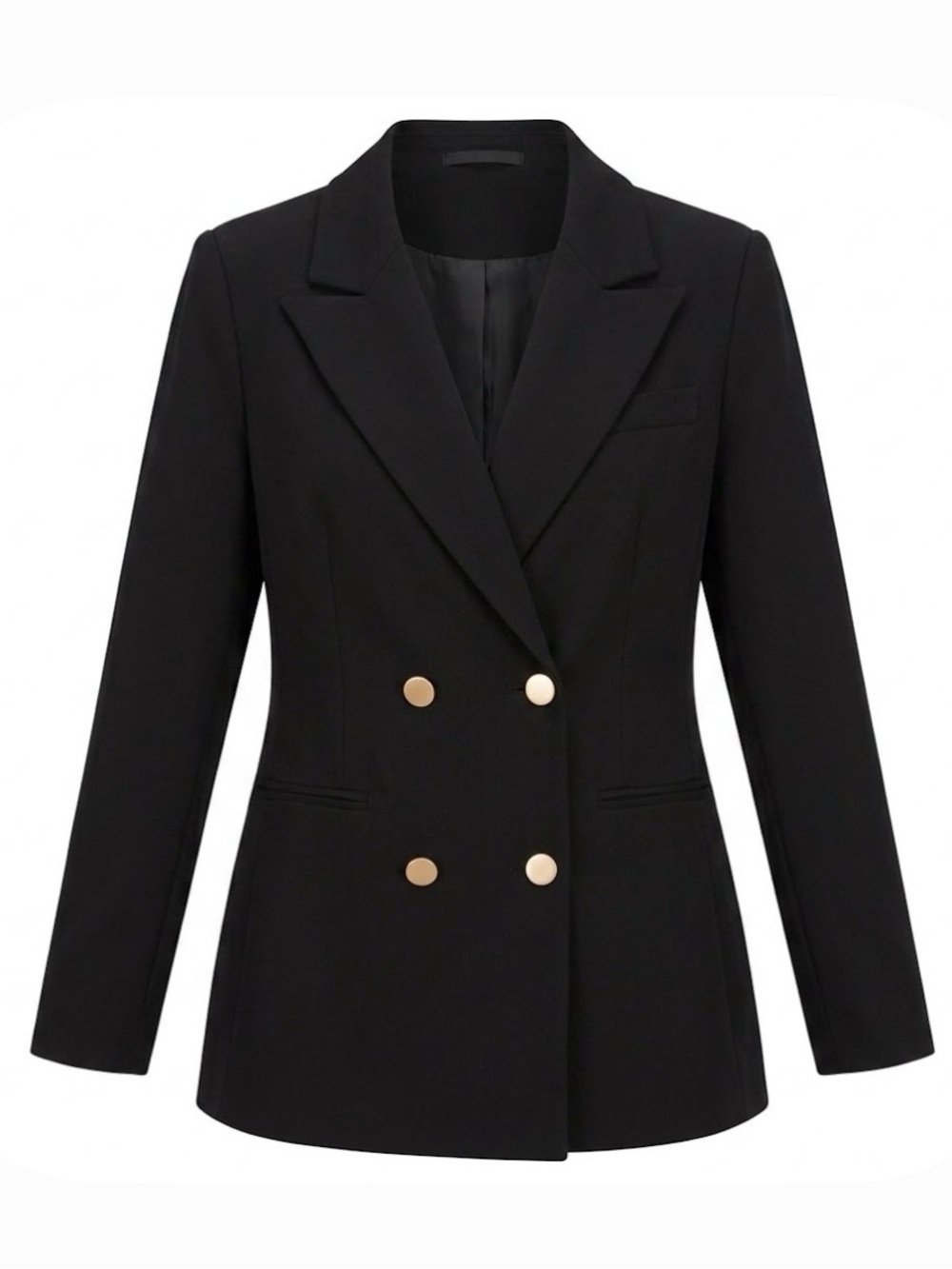 Double-Breasted Lined Blazer, Shoulder Pads, Women’s M (6), Black Gold Buttons